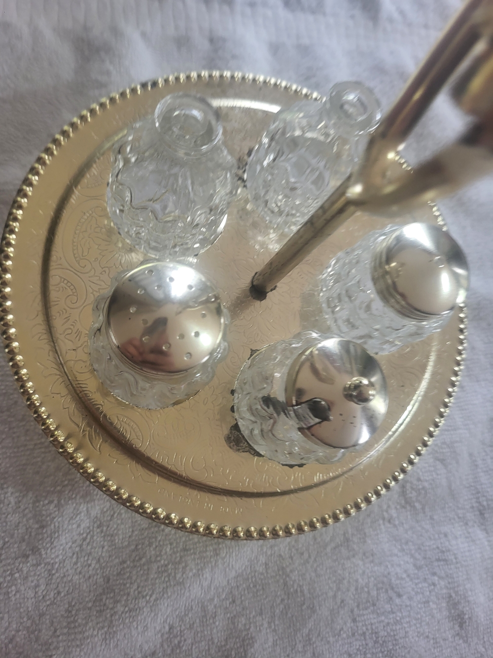 vintage condiment set with salt and pepper shakers, mustard pot, oil and vinegar